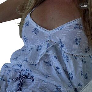 Joie White Blue Floral Ruffle Tiered Tank Top | Size M